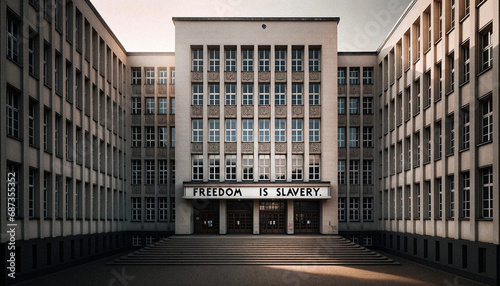 AI-Generated Image of Soviet-Style Building with  Freedom is Slavery  Inscription
