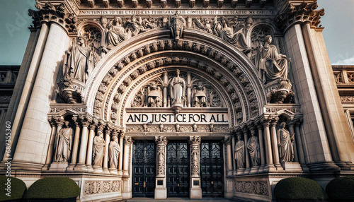 AI-Generated Majestic Courthouse Entrance with "AND JUSTICE FOR ALL" inscription