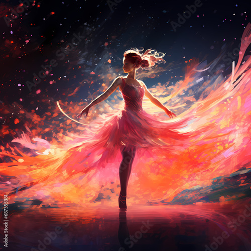 an abstract ballet featuring the neon glow of lights  abstract sakura elements with watercolor-inspired strokes in an oasis setting