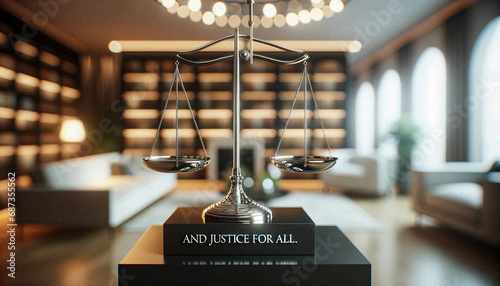 AI-Generated Image: Justice Symbol Balance with "And Justice for All" Inscription