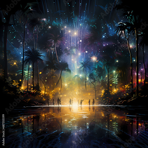 a ballet featuring the chromatic glow of lights, abstract fireflies in a jungle setting
