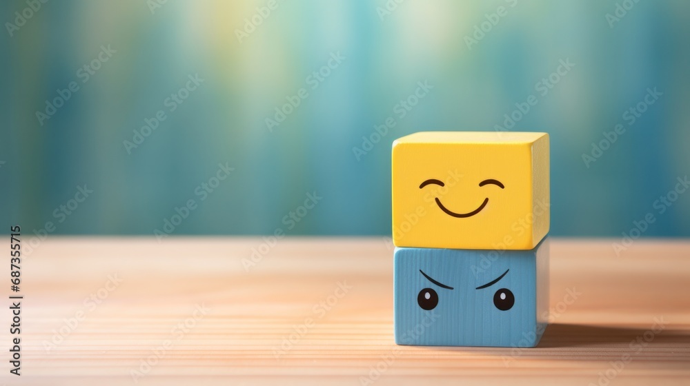 Mental health and emotional state, Smile face in bright side and sad face in dark side on wooden block cube for positive mindset selection, expression, mask, bipolar, generate by AI. - obrazy, fototapety, plakaty 