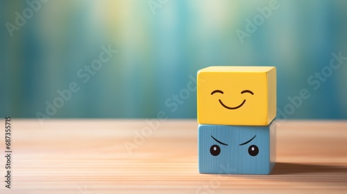 Mental health and emotional state, Smile face in bright side and sad face in dark side on wooden block cube for positive mindset selection, expression, mask, bipolar, generate by AI. photo