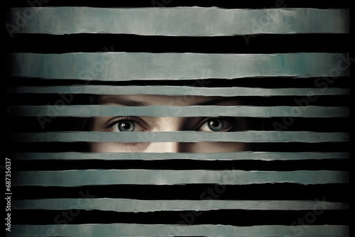 Scary eye peek out of strip lines abstract concept of unhappy vision minimal comeliness photo