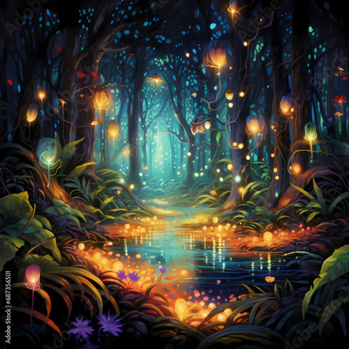 a symphony featuring the chromatic glow of lights, abstract fireflies with a whirlwind in a dreamscape  © Cao