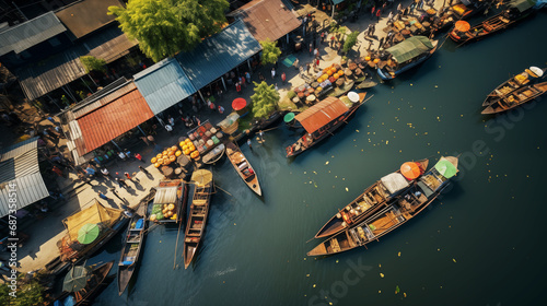 Thai Floating Market Vista: Crafting a Background Design from Above.