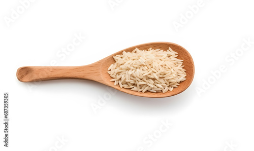 rice in wood spoon isolated on white