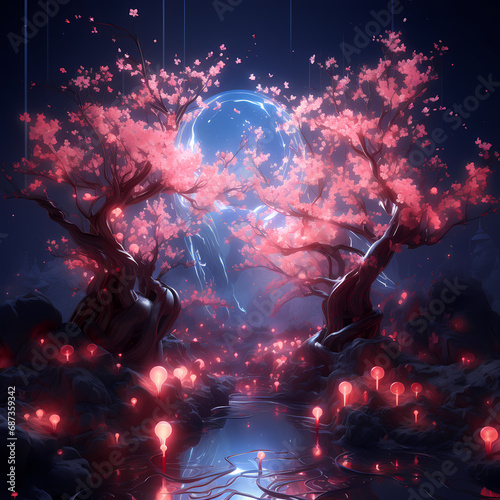 an ephemeral symphony featuring the neon glow of lights, cosmic influences, abstract sakura elements in a nightfall setting