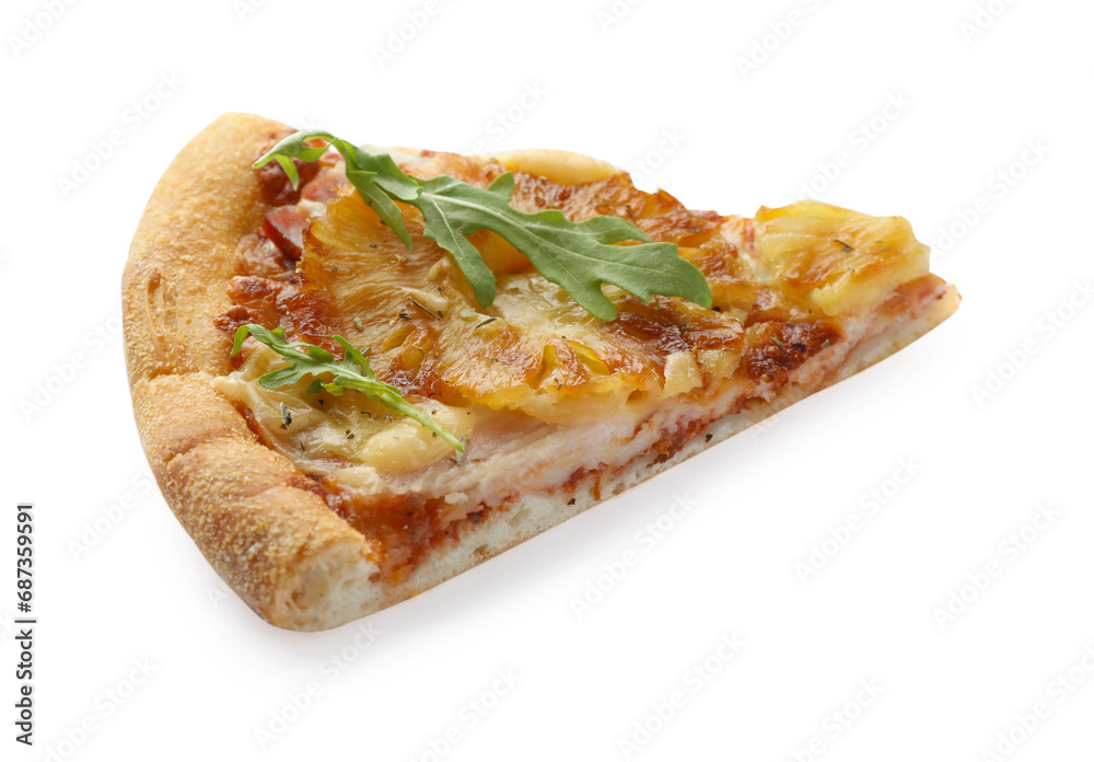 Piece of delicious pineapple pizza isolated on white