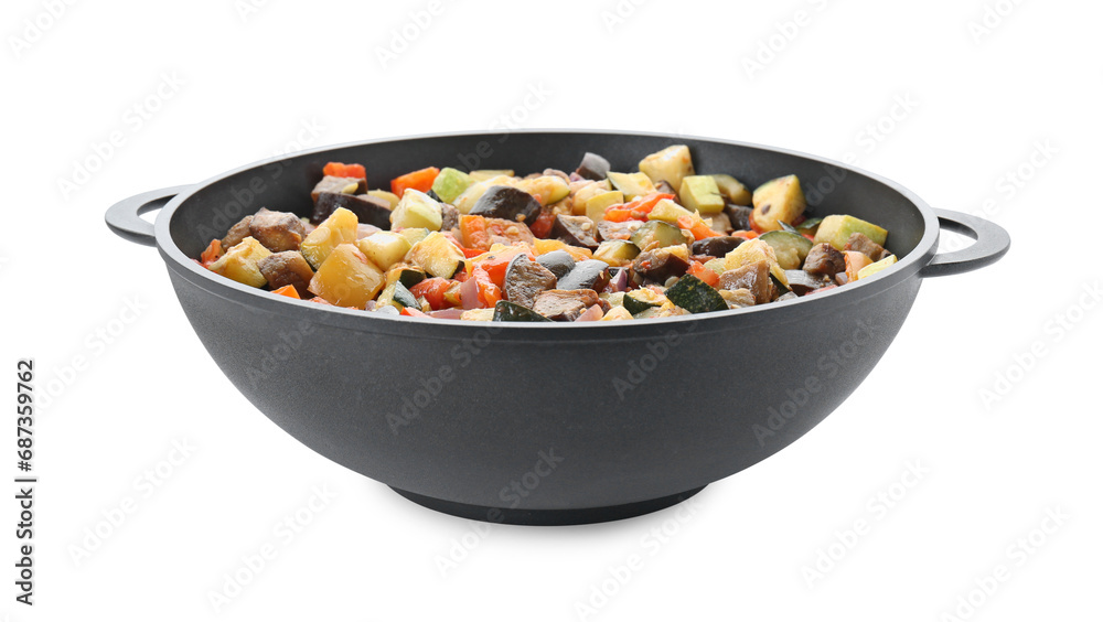 Delicious ratatouille in baking dish isolated on white Delicious ratatouille in baking dish isolated on white