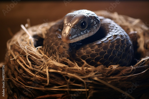 Close up photo of hatching snake chicks in the nest