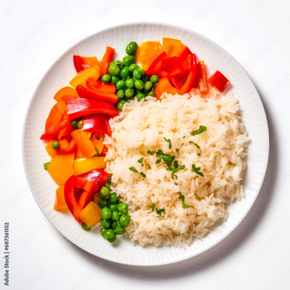 Plate of rice with fresh vegetables on white background, top view. Plate of rice with fresh vegetables on white background, top view.