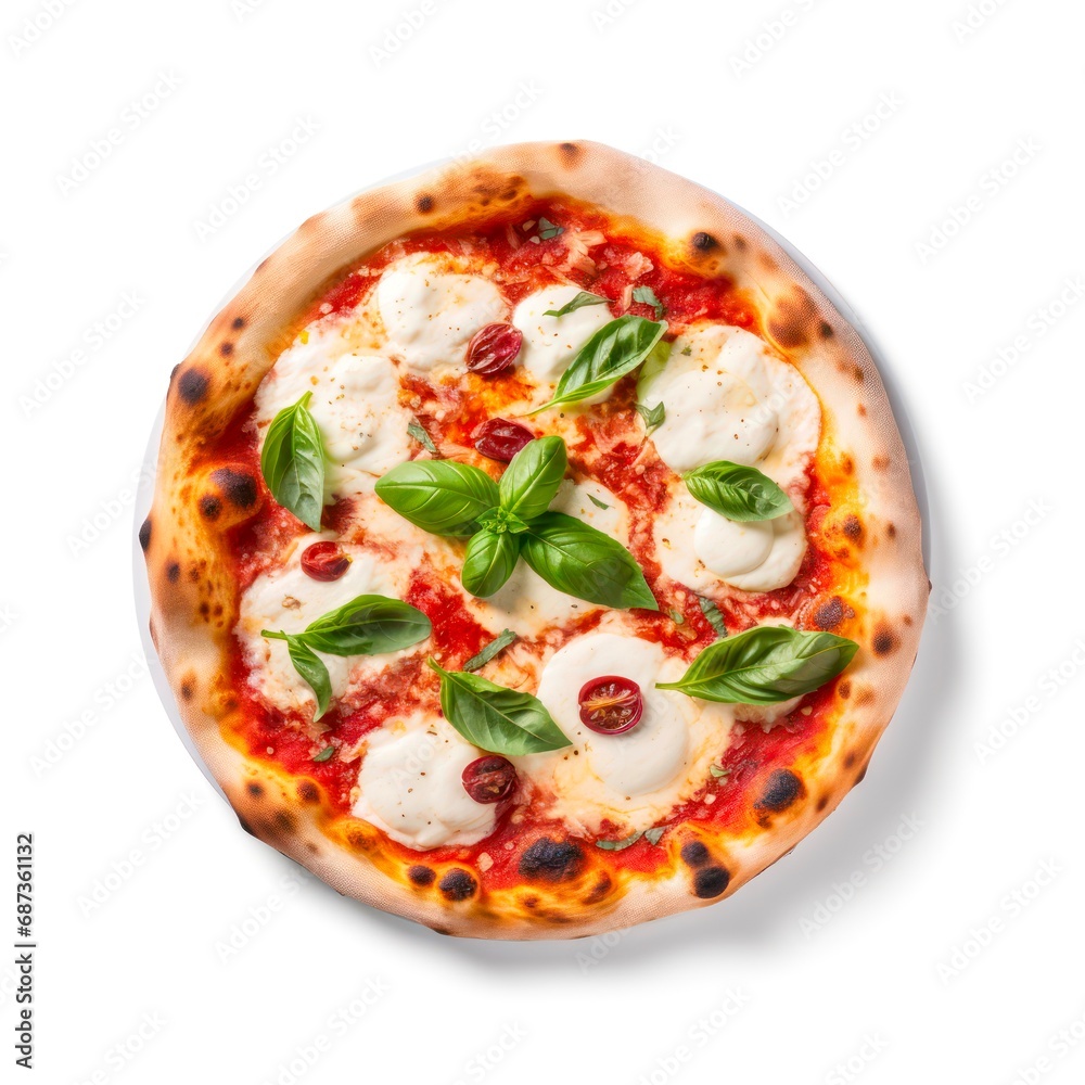 Margherita pizza on white background, top view. Margherita pizza on white background, top view.