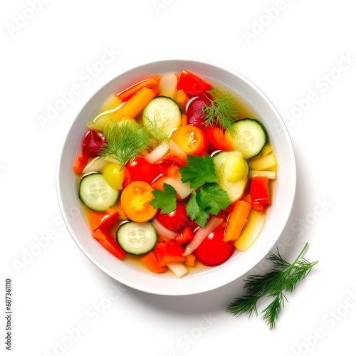 Bowl of vegetable soup on white background, top view.