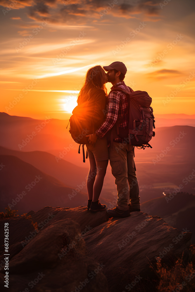 Couple of man and woman hikers on top of a mountain at sunset or sunrise