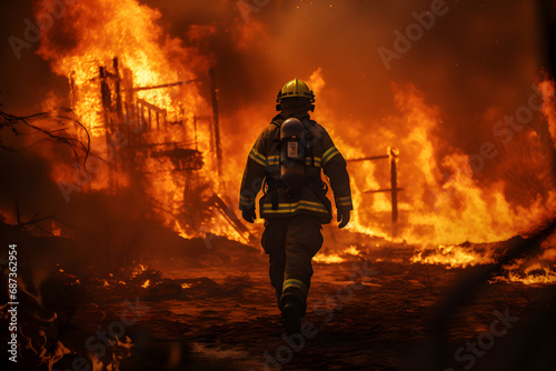 Fireman wearing suit for safety using water and extinguisher to fighting with fire flame.