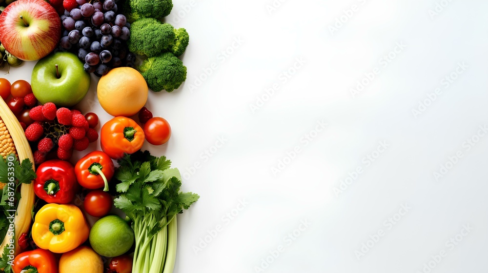 Delivery healthy food background. Healthy vegan vegetarian food in paper bag vegetables and fruits on white, copy space, banner. Shopping food supermarket and clean vegan eating concept. generative AI
