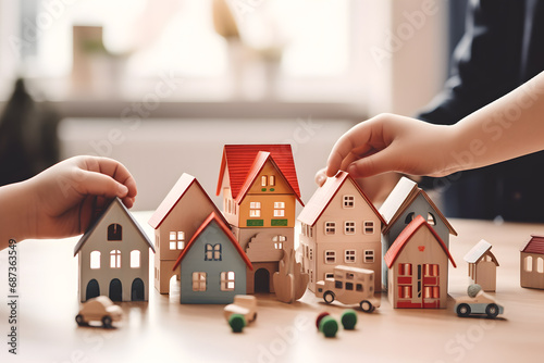 Child's hands with model house, house model