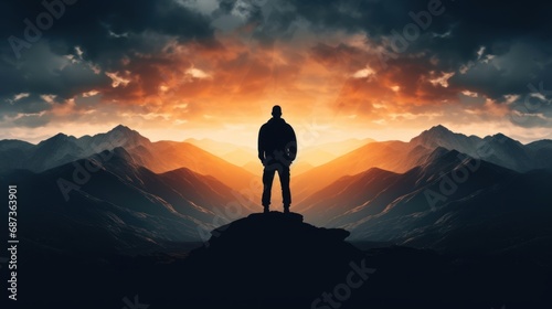 double exposure silhouette photography business male stand and feel happy on the most hight on the mountain, hiking, success, cliff.