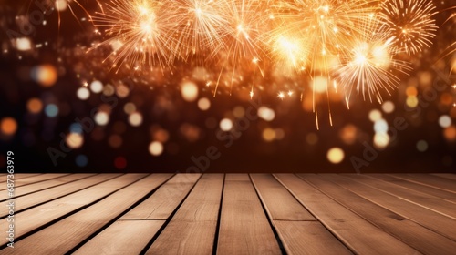 Wood floor empty with bokeh lights on fireworks background, Advertisement, Print media, Illustration, Banner, for website, copy space, for word, template, presentation