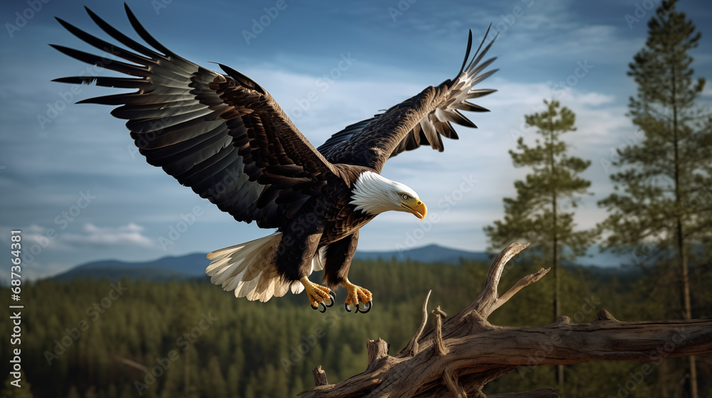 Obraz premium Graceful Descent: Eagle on Tree Top with Ample Copy Space.