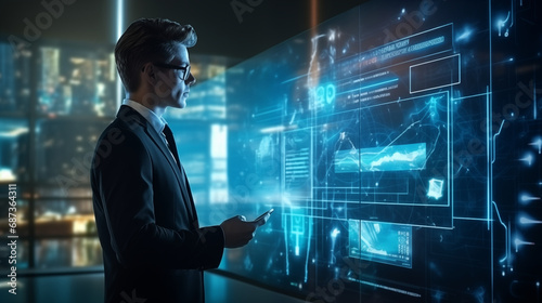 Virtual Intelligence Showcase: Businessman Utilizes Command Prompt for Futuristic Technology Transformation.