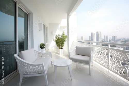 Bright and Airy White-Themed Balcony with City View © Artbotics