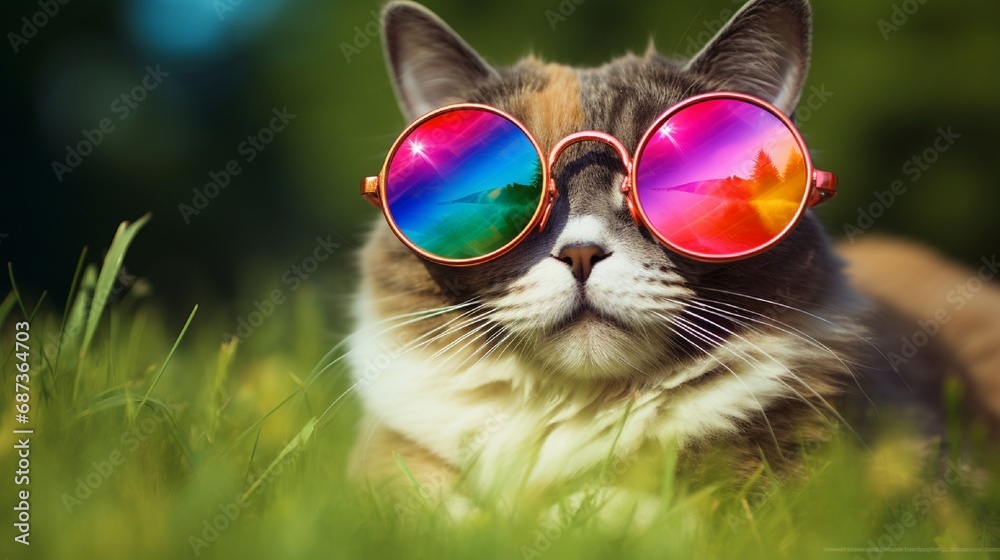 Funny cat in stylish sunglasses with rainbow lenses on grass background