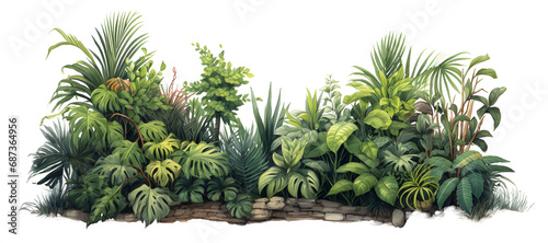 Tropical Plants and Rocks in a Garden Setting Isolated on Transparent or White Background  PNG