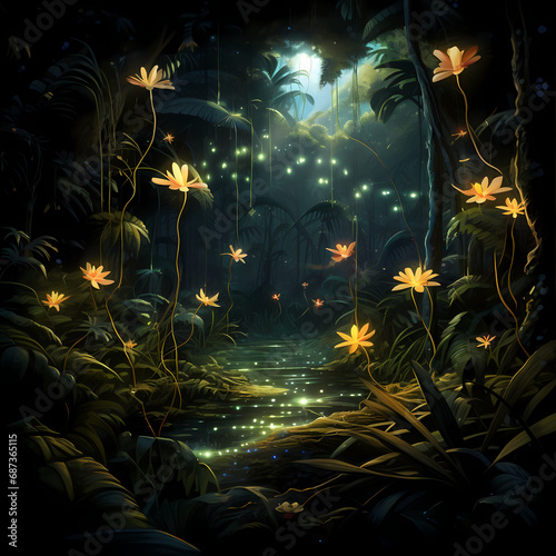 a surreal symphony featuring abstract fireflies in a jungle setting with a whirlwind in an oasis playing with shadows and light, influenced by quantum mechanics © Cao