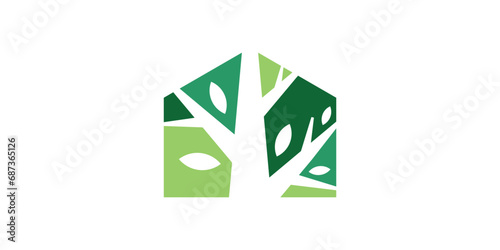 logo design combining the shape of a house with a tree, negative space logo.