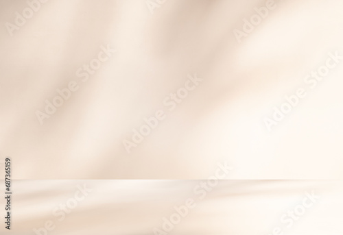 Wall interior background, studio and backdrops show products. with leaf shadow from window color beige and white. background for text insertion and presentation of product photo