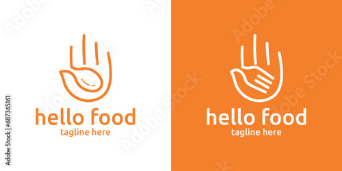 restaurant logo design with a combination of hand shapes and fork spoons, minimalist line logo.
