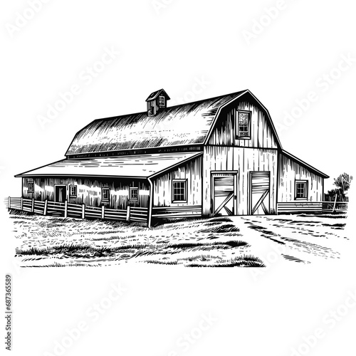 Farm barn building vintage woodcut drawing vector