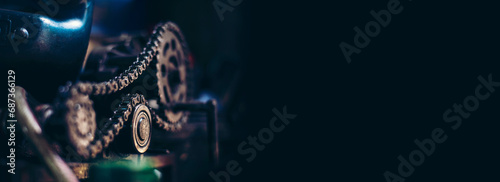 Banner Mechanic tools engineering equipment car auto repair shop with copy space. Blurred background mechanical service. Banner Heavy screw grungy rusted dirty object black background with copy space