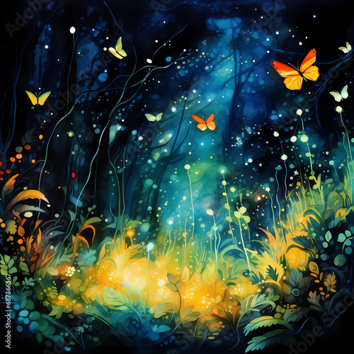 a vivid symphony featuring abstract fireflies with watercolor-inspired strokes, jungle elements