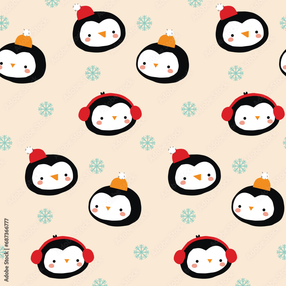 Cute seamless Cartoon Penguin Patterns. Winter background. Perfect for fabric, textile, Wallpapers. Vector illustration