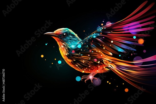 Colorful graphic illustration of a bird on a black background