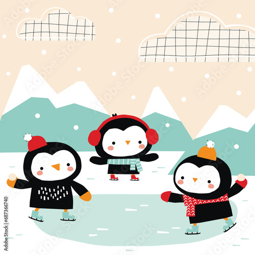 Cute cartoon penguins playing snowballs on a winter landscape - vector illustration in cartoon style. 