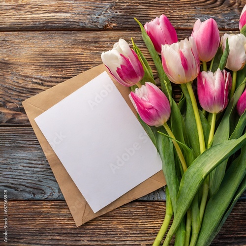 Top view of a bouquet of tulips and a piece of paper for text on a wooden background with copy space