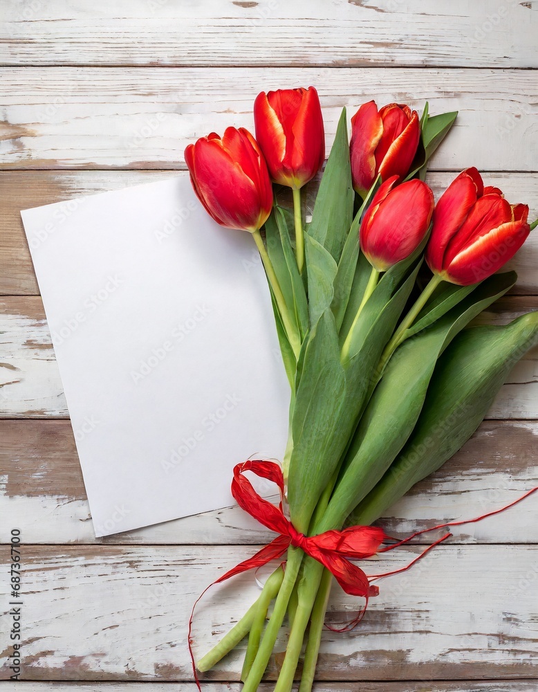 Fototapeta premium top view of a bouquet of red tulips and a piece of paper for text on a white wooden background with copy space