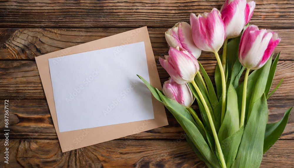 Fototapeta premium Top view of a bouquet of tulips and a piece of paper for text on a wooden background with copy space
