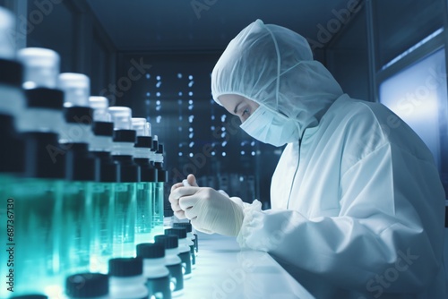 A doctor or scientist researching in the factory on vials