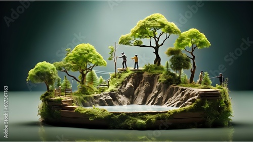 miniature island featuring green trees  rocky terrain with a flowing stream  and people enjoying the scenery