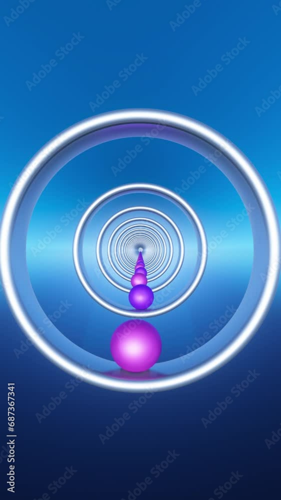 Endless tunnel with metal rings and motion spheres in vertical video animation footage Endless tunnel with metal rings and motion spheres in vertical video animation footage
