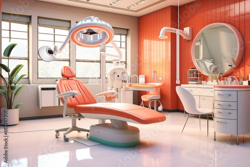 A dentist office with dentist chair and equipment