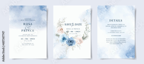 Beautiful set of wedding invitation card template with blue floral and leaves decoration. Winter theme