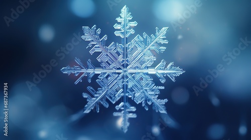 Snowflake on smooth gradient background. Macro photo of real snow crystal on glass surface. This is small snowflake with unusual pattern. photo