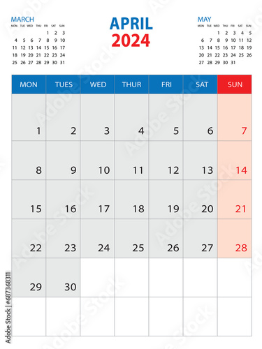 Calendar 2024 template - April 2024 year, week start on monday, Wall calendar 2024 design, Desk calendar template, corporate planner, Stationery, organizer diary, printing media, vector