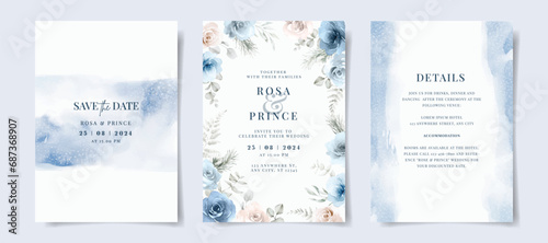 Beautiful set of wedding invitation card template with blue floral and leaves decoration. Winter theme
